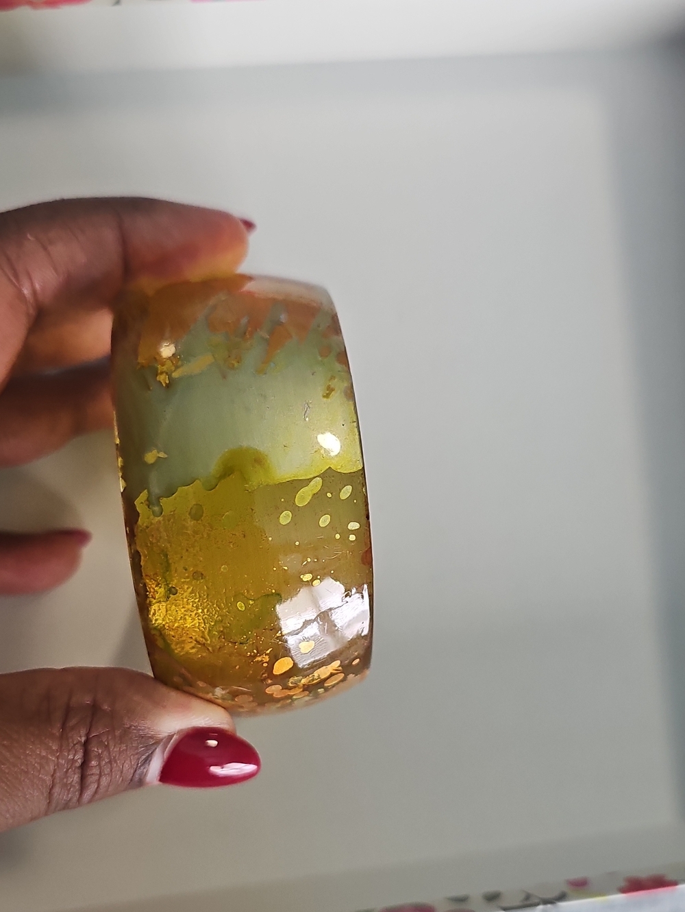 Handcrafted Green and Gold Resin Bangle Bracelet - Women Jewelry